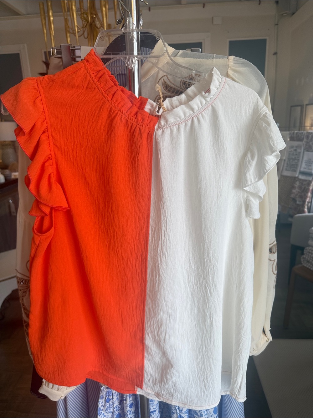 Ces Femme Two-Tone Ruffle Sleeve Blouse in Orange and White